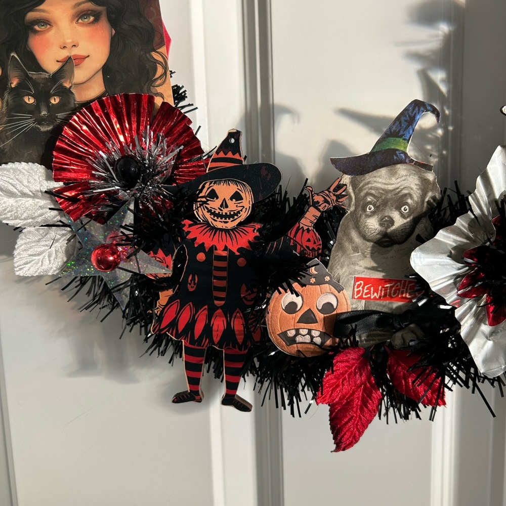 Vintage Repurposed Halloween Festive Holiday Wreath - Picture 5 of 12